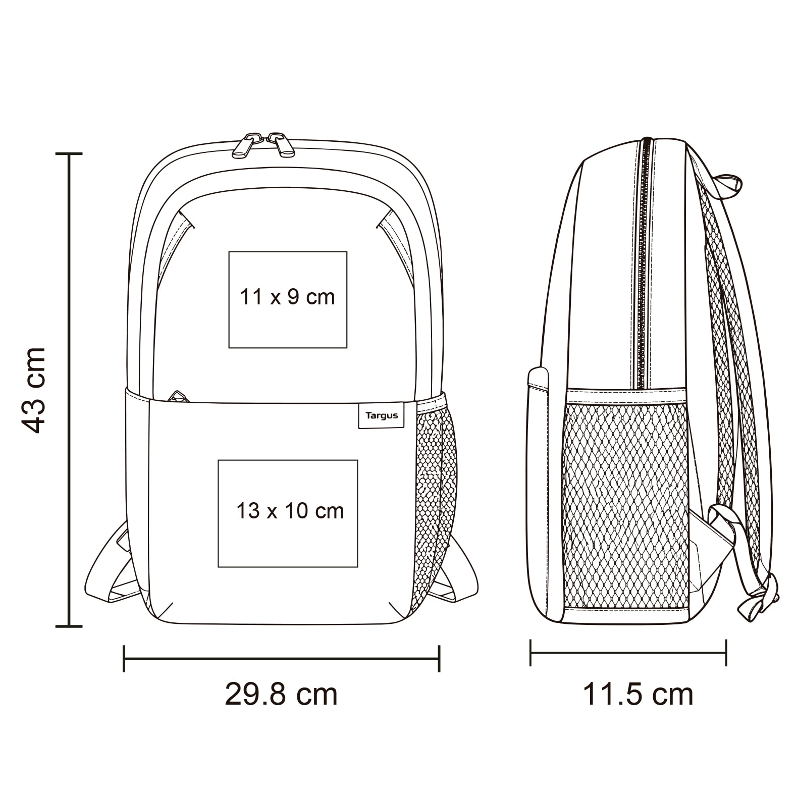 Plantilla con medidas y área de impresión de Mochila Axis Bl 374