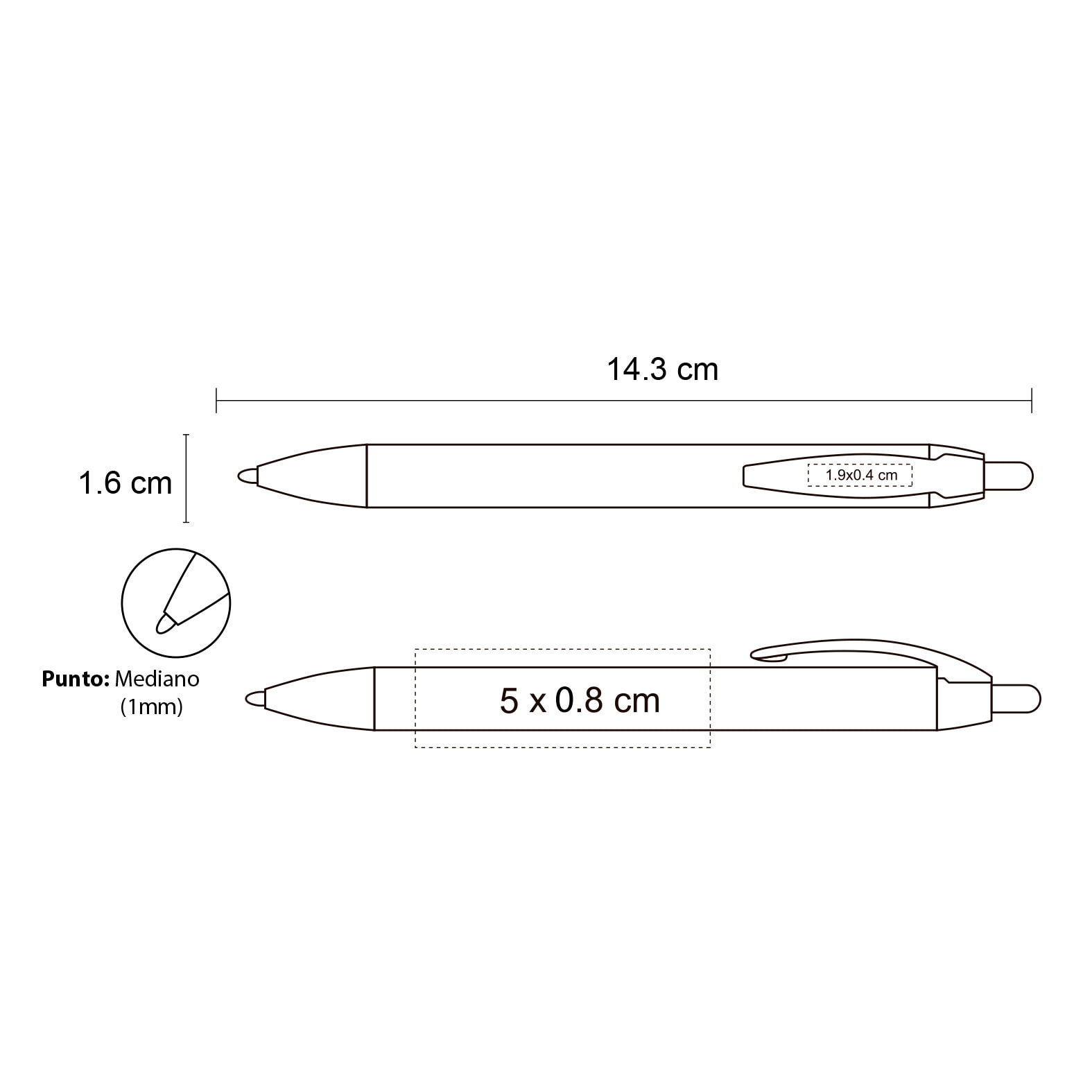 Plantilla con medidas y área de impresión de Bolígrafo BIC Wide Body