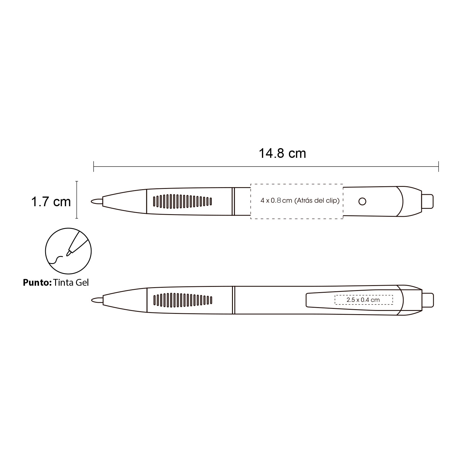 Plantilla con medidas y área de impresión de Bolígrafo BIC Intensity