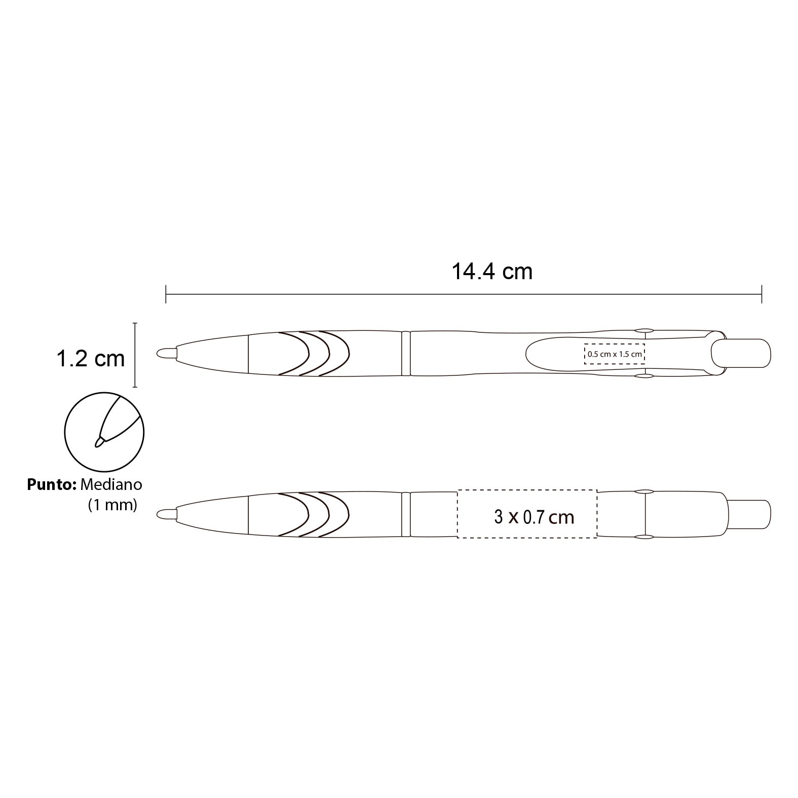 Plantilla con medidas y área de impresión de Bolígrafo BIC Emblem