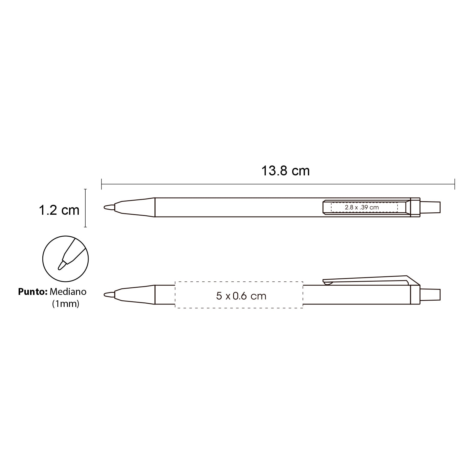 Plantilla con medidas y área de impresión de Bolígrafo BIC Clic Stic