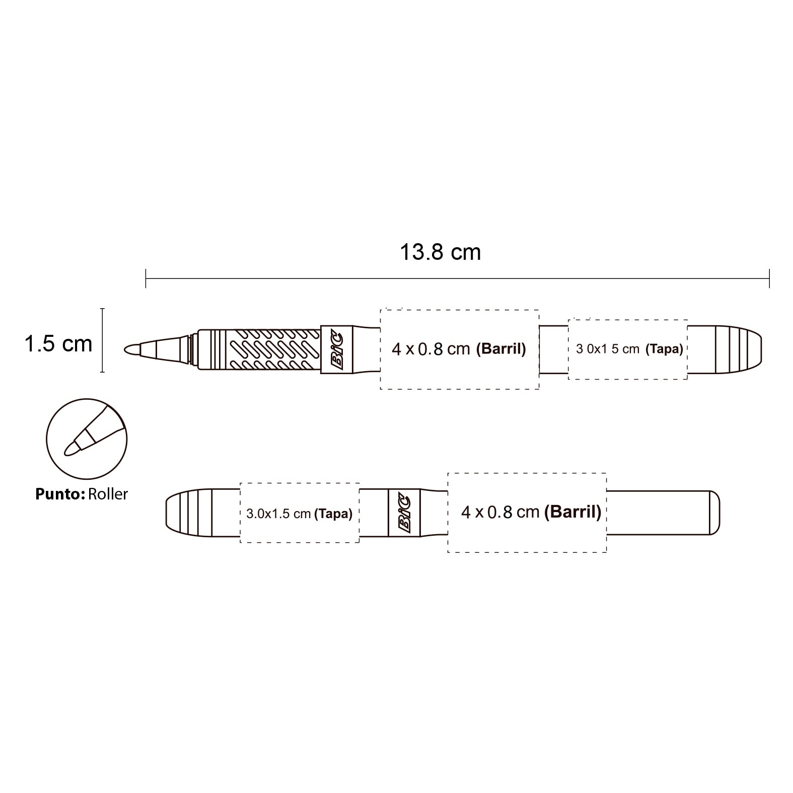 Plantilla con medidas y área de impresión de Bolígrafo BIC Grip Roller