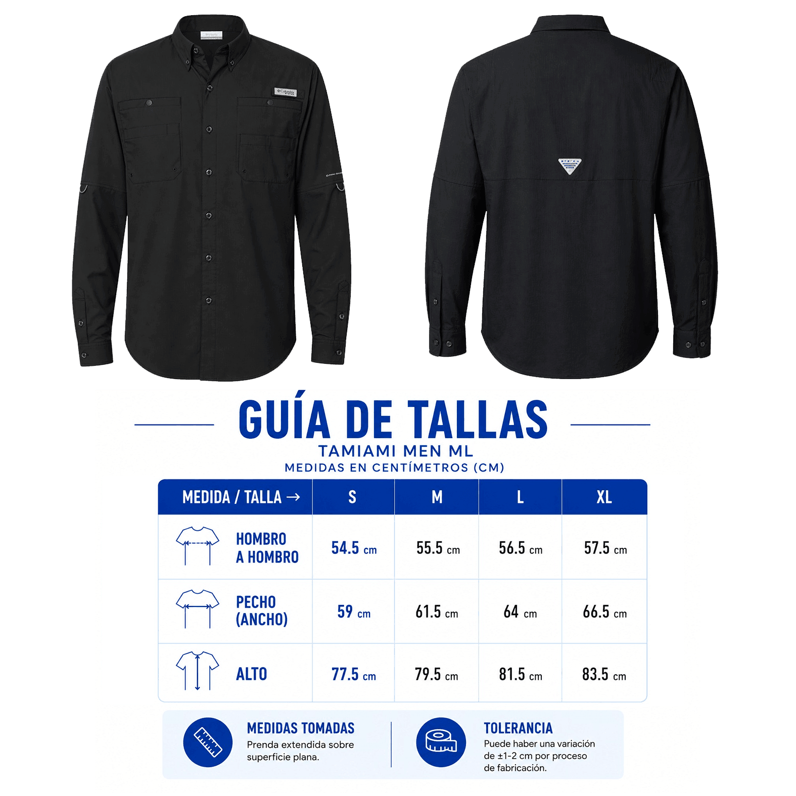 Plantilla con medidas y área de impresión de Camisa de Manga Columbia Tamiami Men Ml