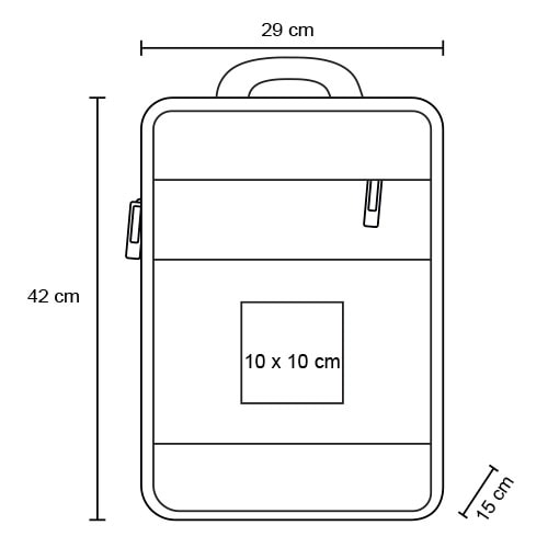 Plantilla con medidas y área de impresión de Mochila Suwon