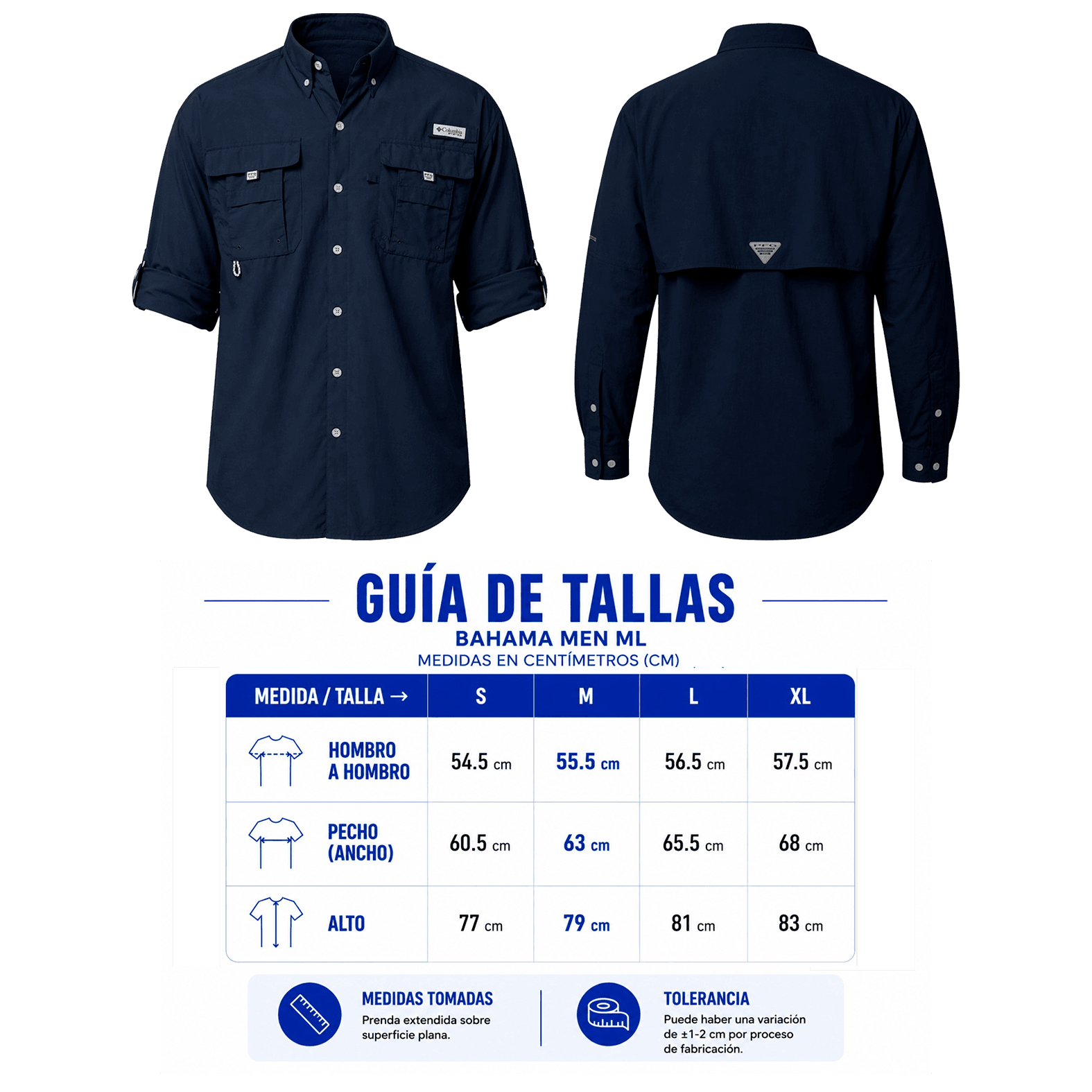 Plantilla con medidas y área de impresión de Camisa de Manga Columbia Bahama Men Ml