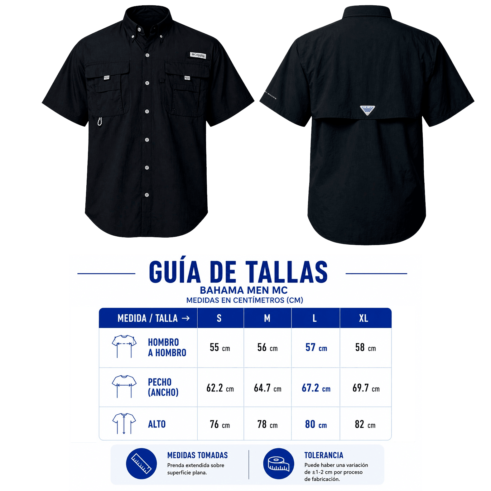 Plantilla con medidas y área de impresión de Camisa de Manga Columbia Bahama Men Mc