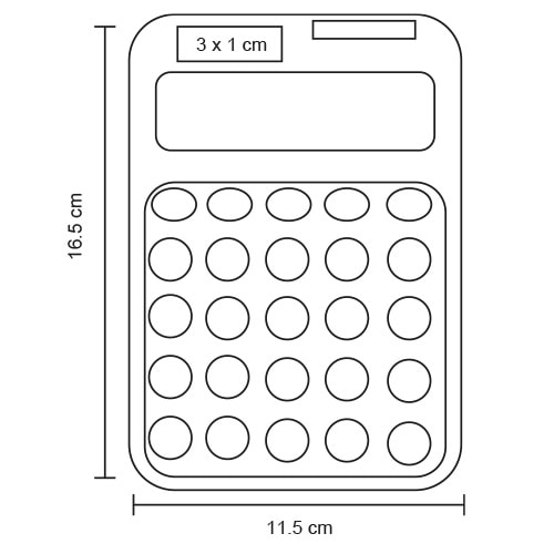 Plantilla con medidas y área de impresión de Calculadora de Escritorio Calx
