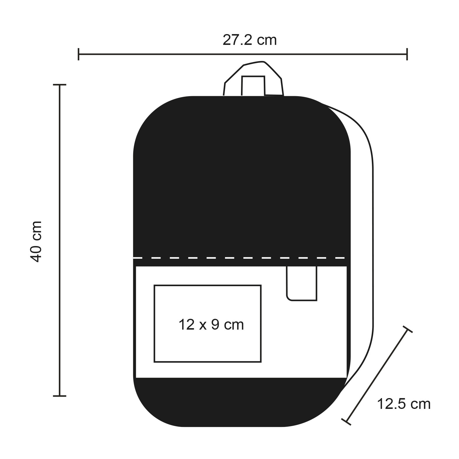 Plantilla con medidas y área de impresión de Mochila Irwin