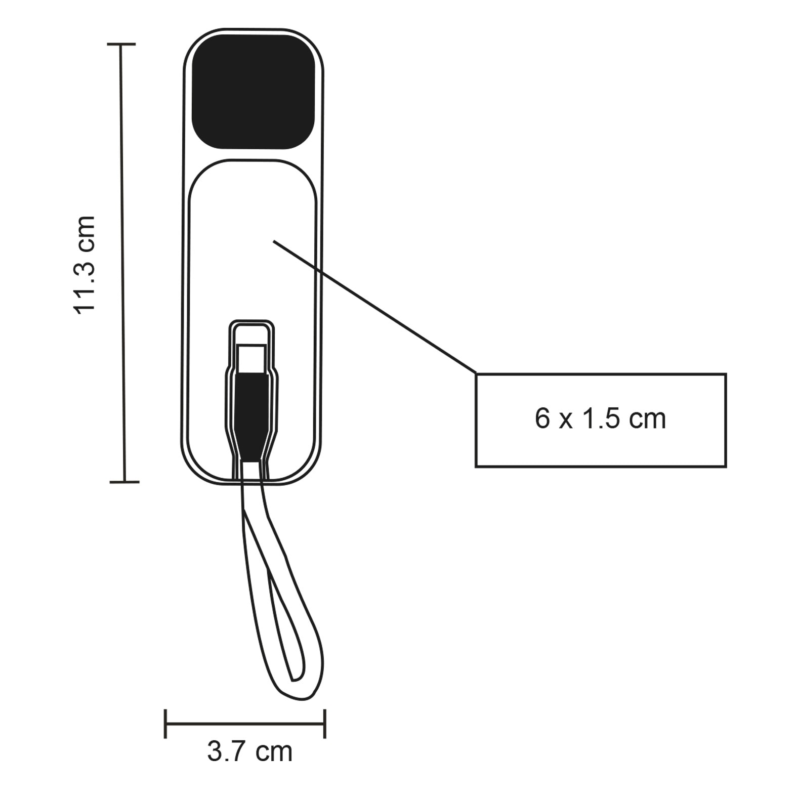 Plantilla con medidas y área de impresión de Power Bank Proms