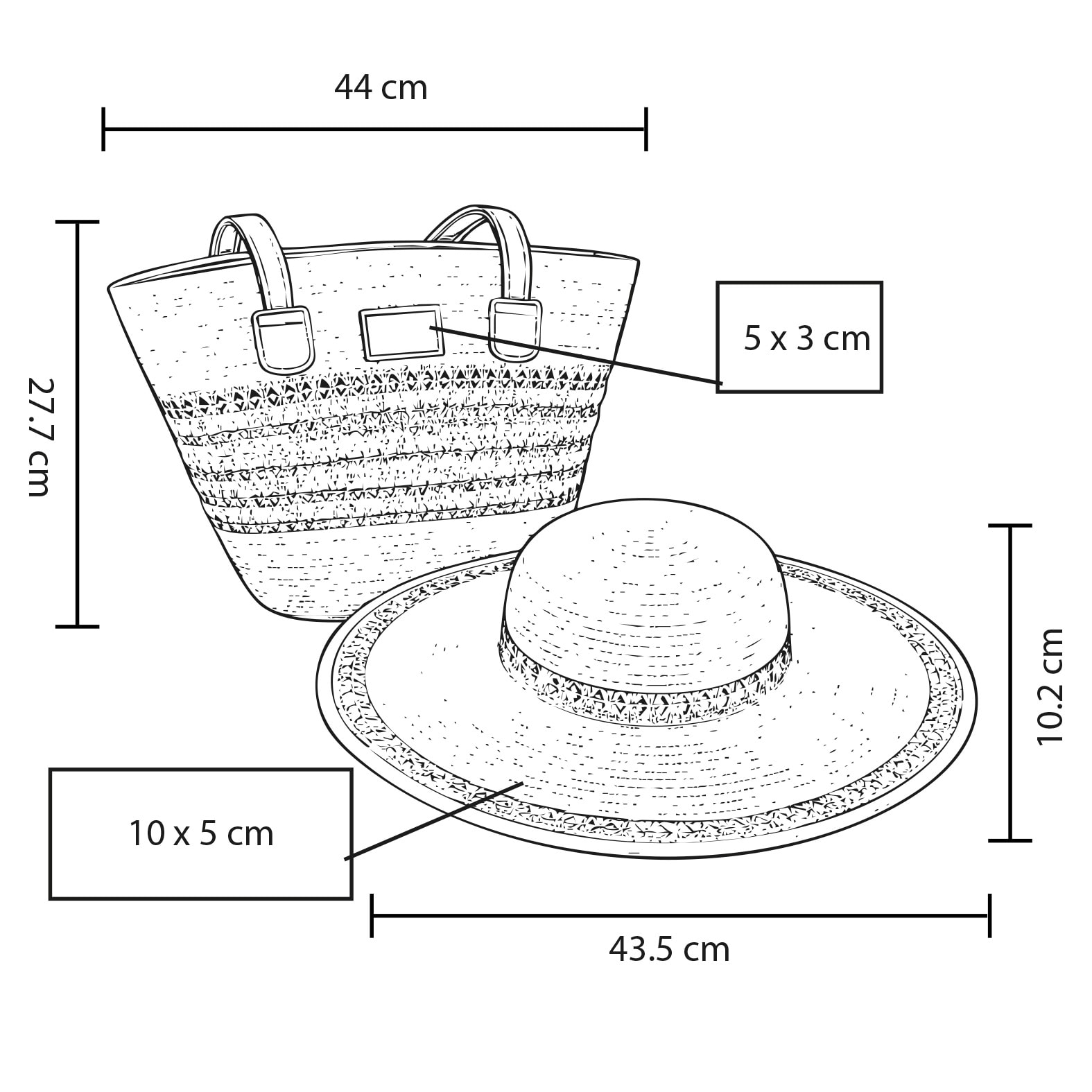 Plantilla con medidas y área de impresión de Sombrero Rosie