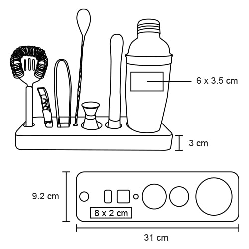Plantilla con medidas y área de impresión de Set de Preparación Martini