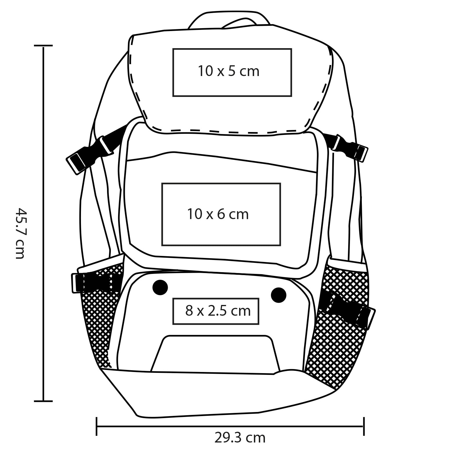 Plantilla con medidas y área de impresión de Mochila Lucius