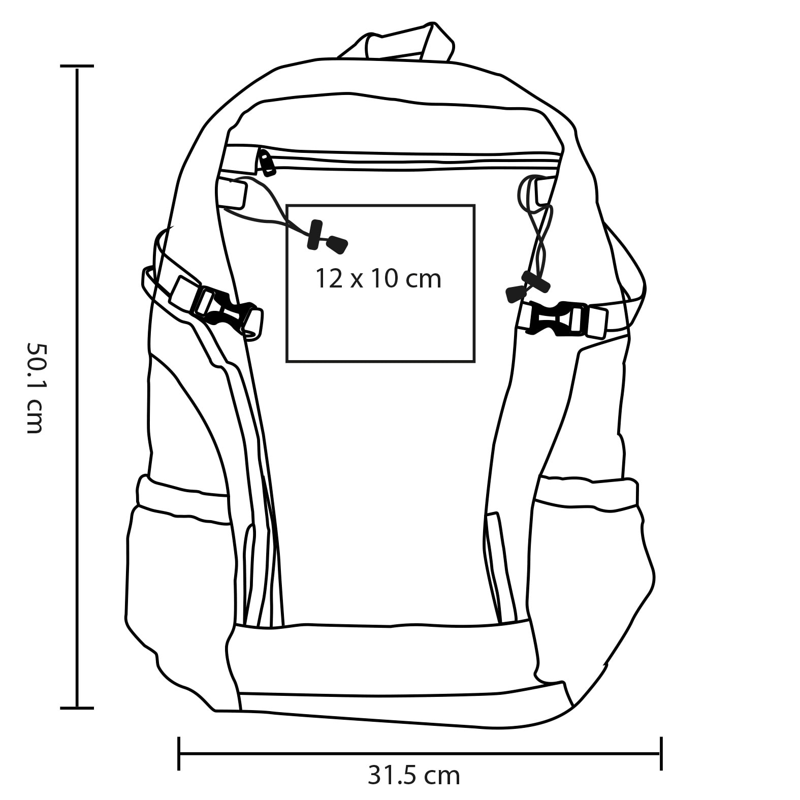 Plantilla con medidas y área de impresión de Mochila Tay