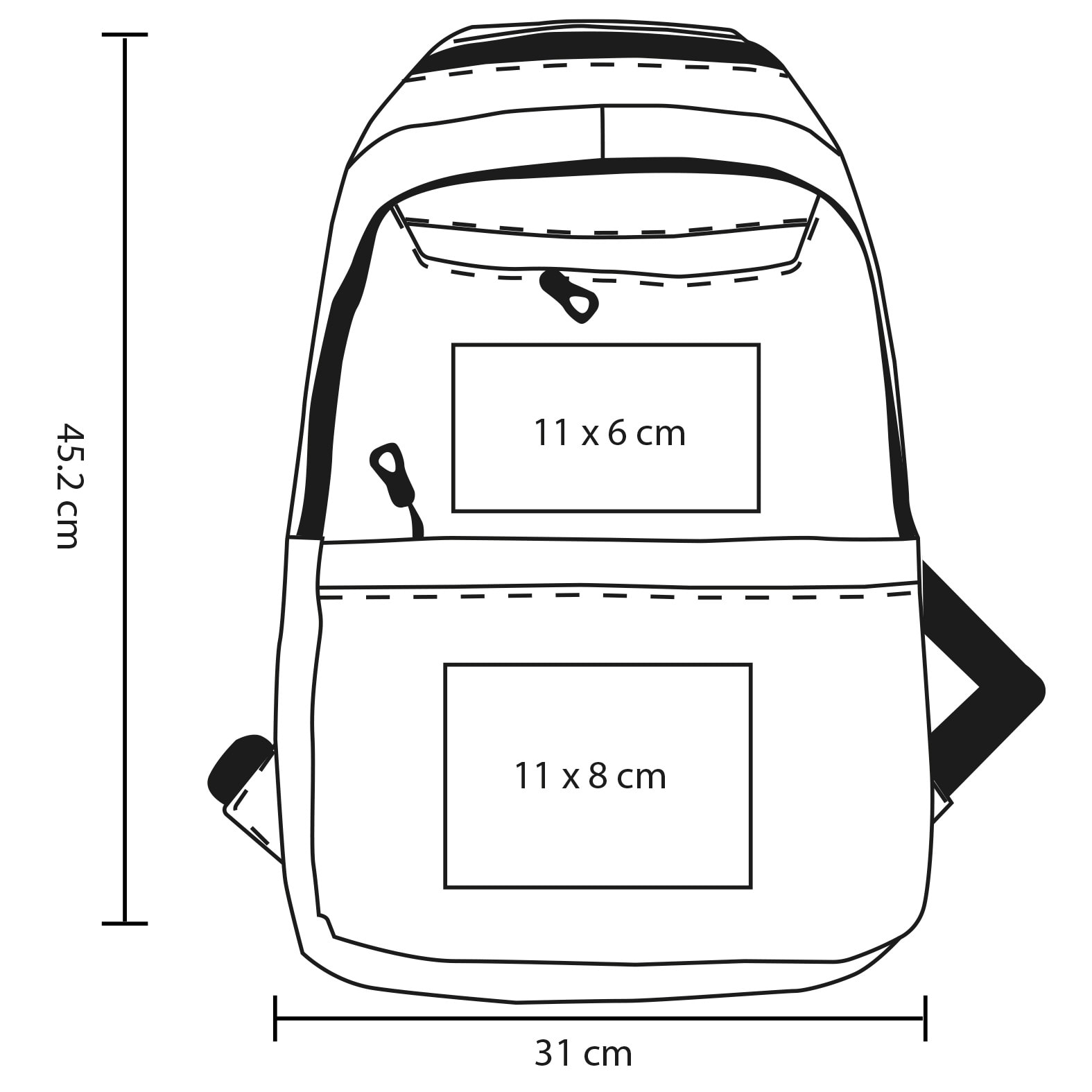 Plantilla con medidas y área de impresión de Mochila Widmore