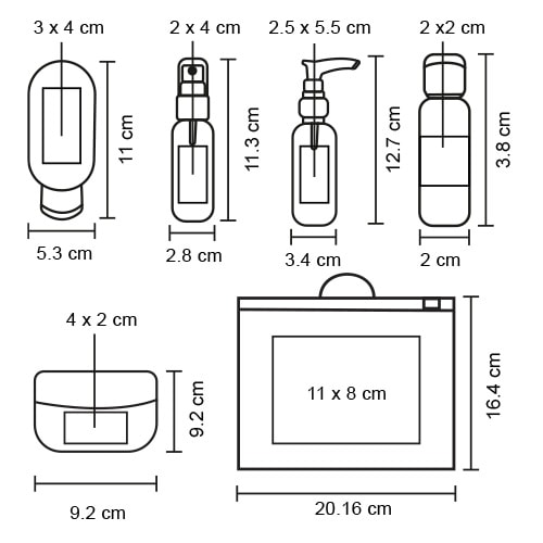 Plantilla con medidas y área de impresión de Set de Viaje Seife