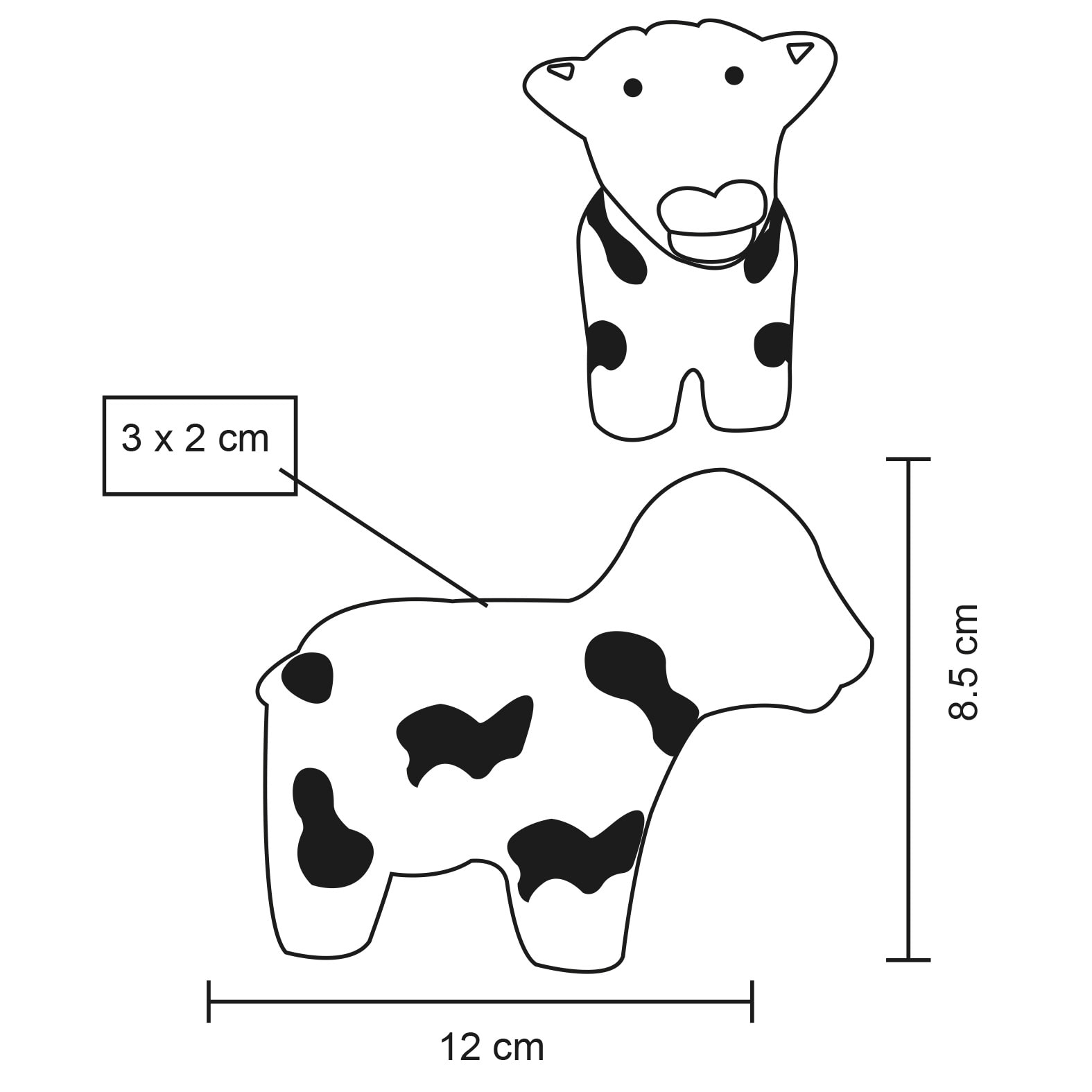Plantilla con medidas y área de impresión de Vaca Momo