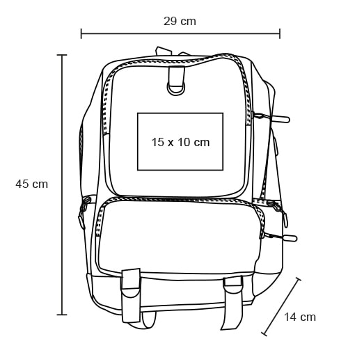 Plantilla con medidas y área de impresión de Mochila Toretto
