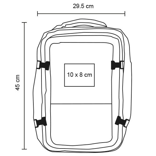Plantilla con medidas y área de impresión de Mochila Allero
