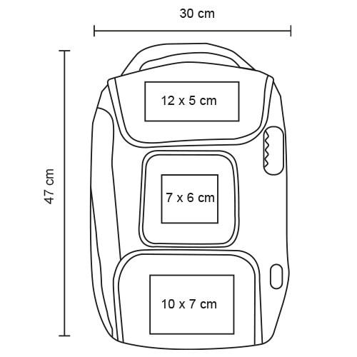 Plantilla con medidas y área de impresión de Mochila Barents