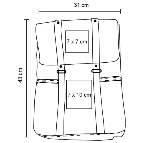 Plantilla con medidas y área de impresión de Mochila Cao