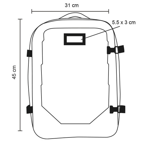 Plantilla con medidas y área de impresión de Mochila de Carcasa Freya