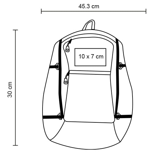 Plantilla con medidas y área de impresión de Mochila Obidos