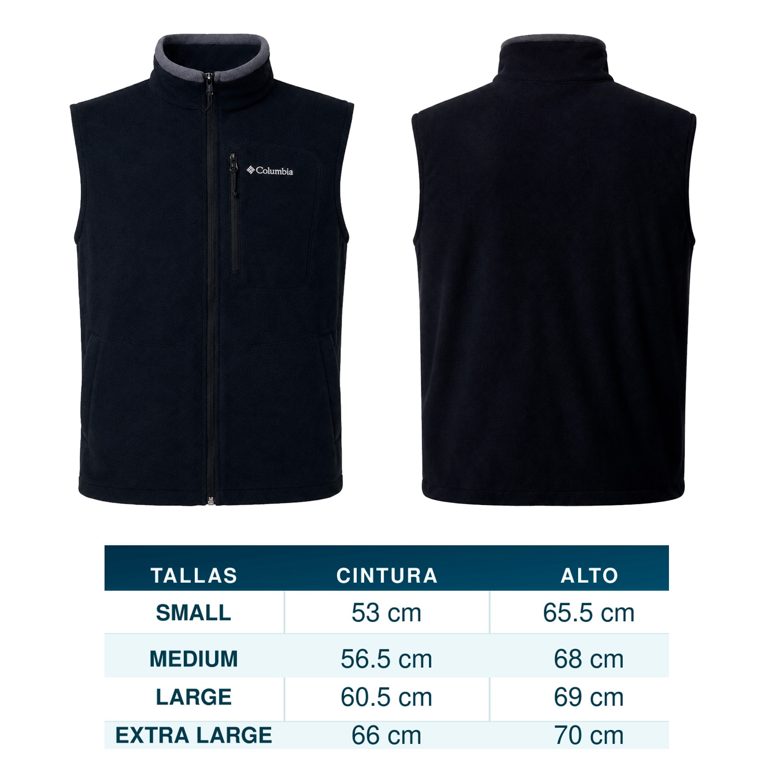 Plantilla con medidas y área de impresión de Chaleco Columbia Fast Trek Vest