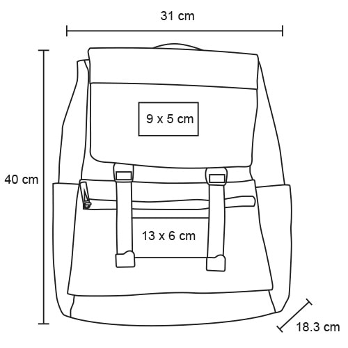 Plantilla con medidas y área de impresión de Mochila Azer