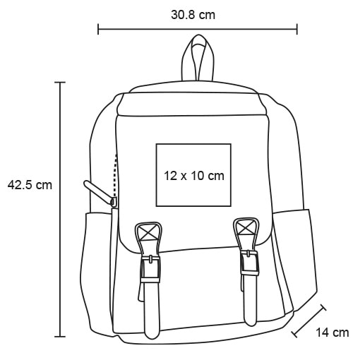 Plantilla con medidas y área de impresión de Mochila Tansen