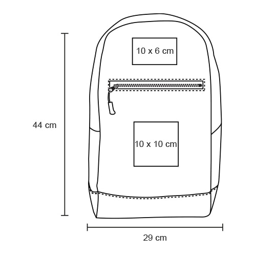 Plantilla con medidas y área de impresión de Mochila Dush