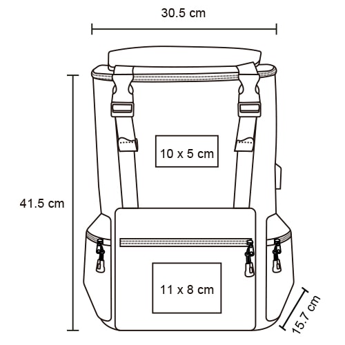 Plantilla con medidas y área de impresión de Mochila Luang