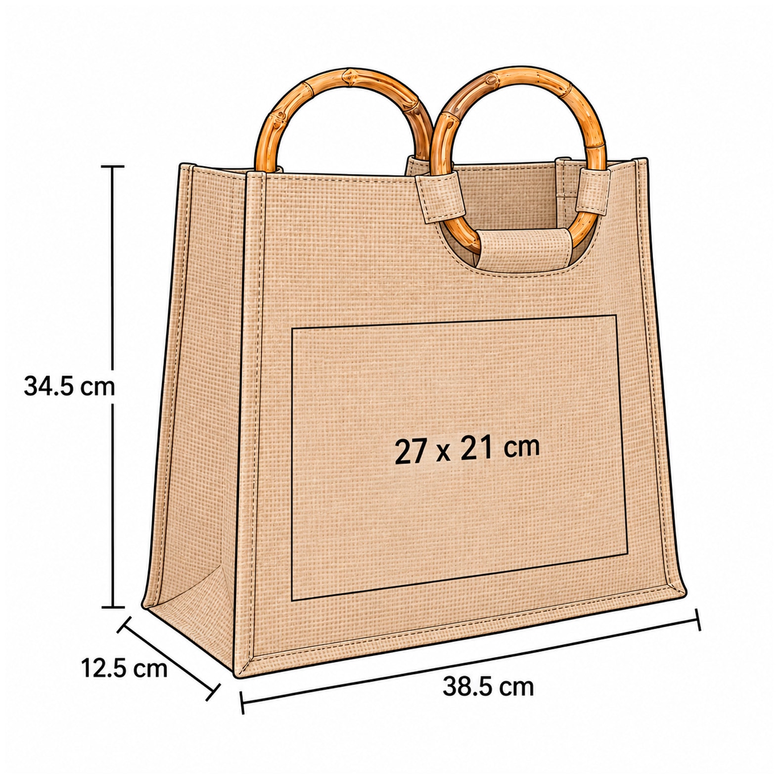 Plantilla con medidas y área de impresión de Bolsa Colmar