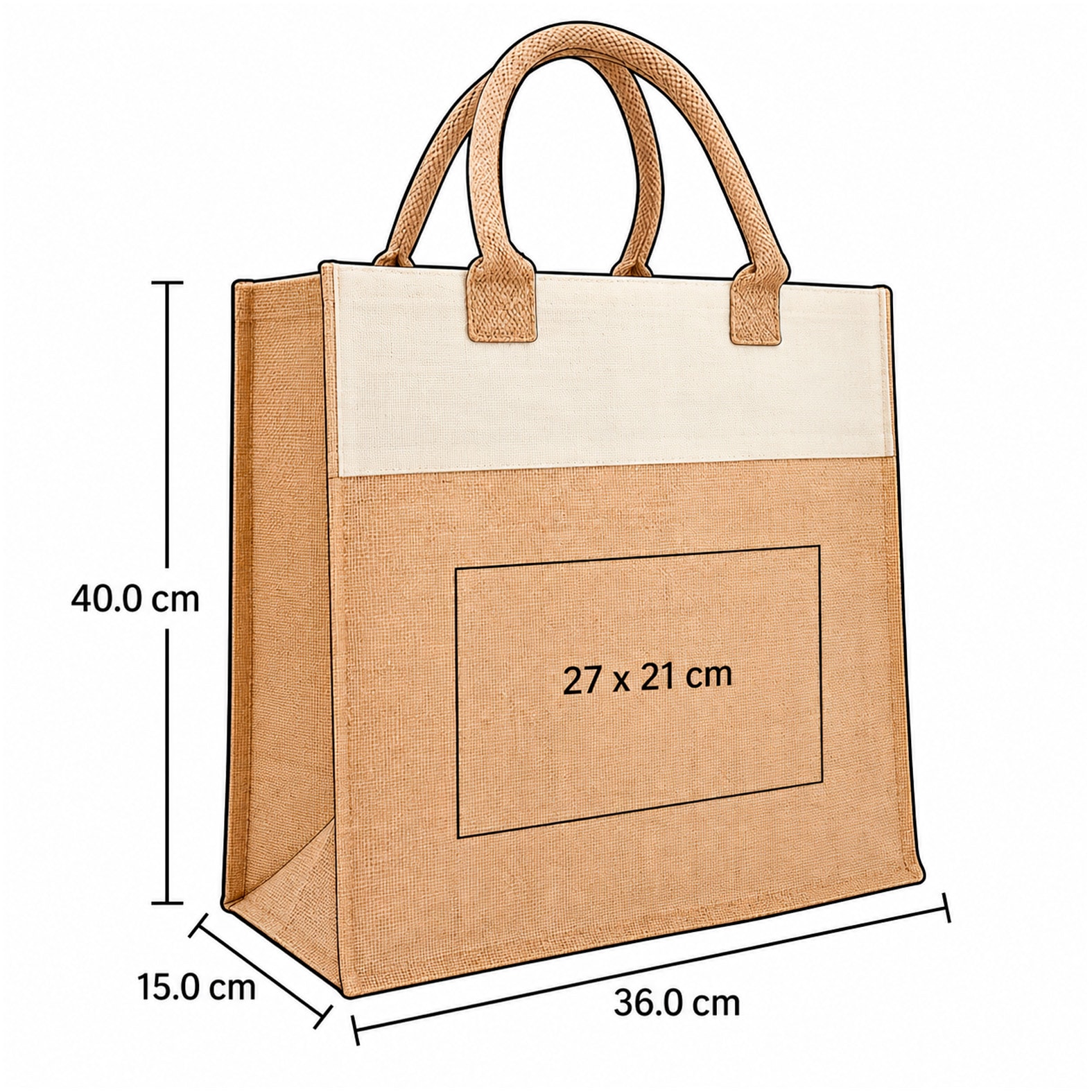 Plantilla con medidas y área de impresión de Bolsa Zicatela