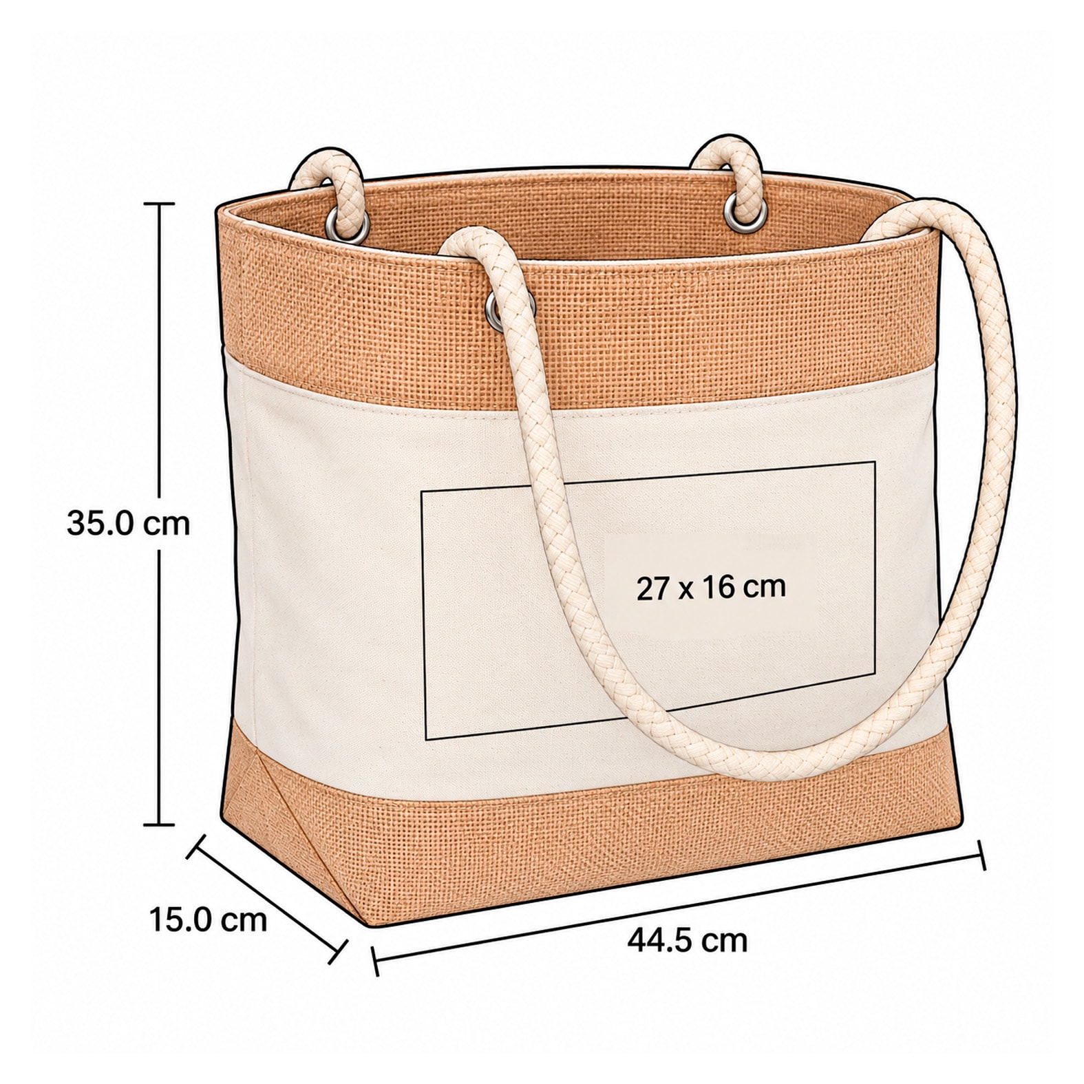 Plantilla con medidas y área de impresión de Bolsa Zante