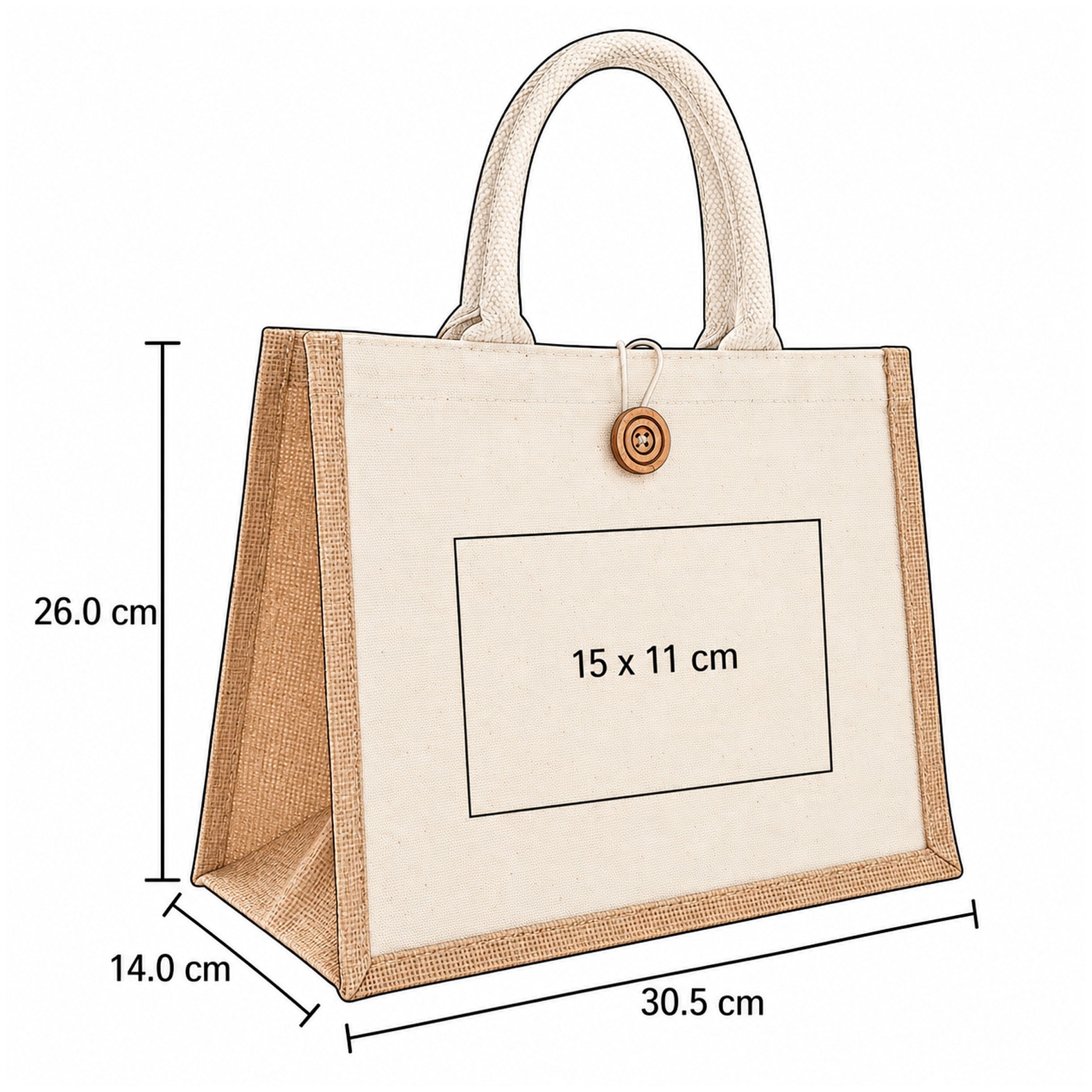 Plantilla con medidas y área de impresión de Bolsa de Loneta Yam