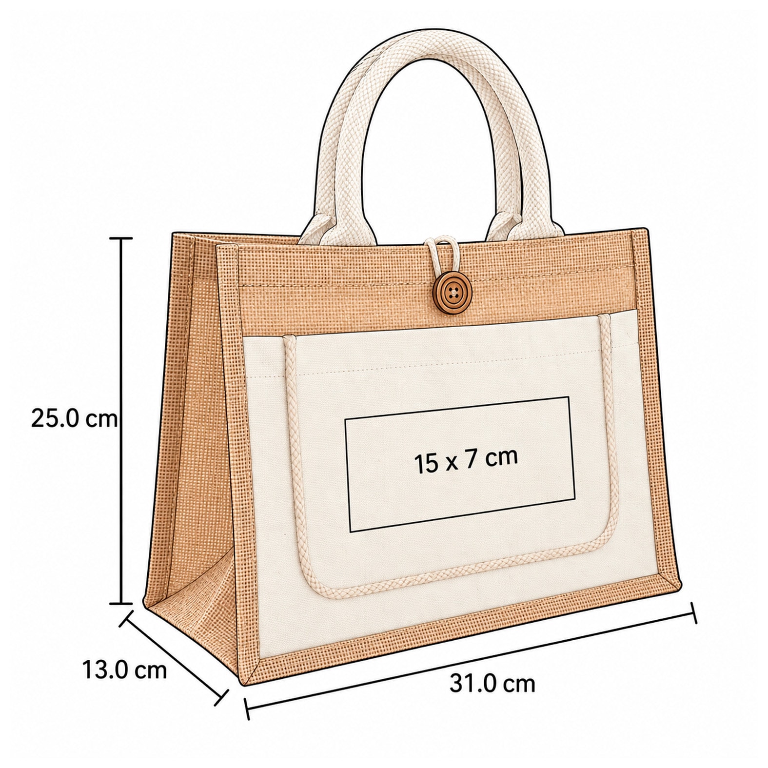 Plantilla con medidas y área de impresión de Bolsa Tika