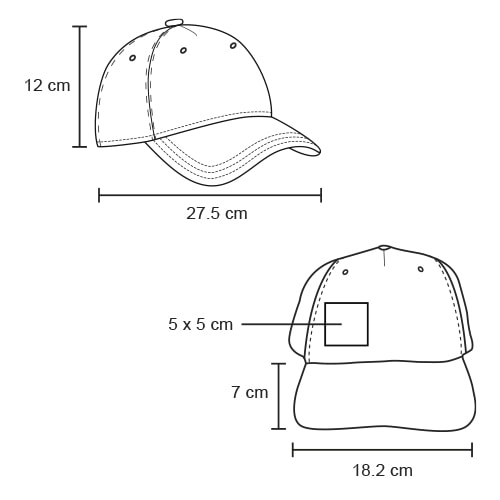 Plantilla con medidas y área de impresión de Gorra de Acrílico Zizu
