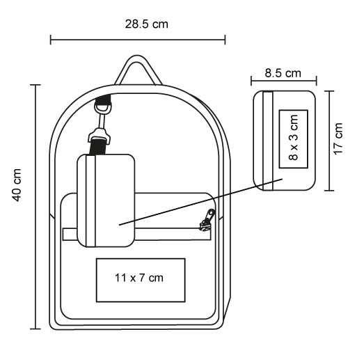 Plantilla con medidas y área de impresión de Mochila Ghana