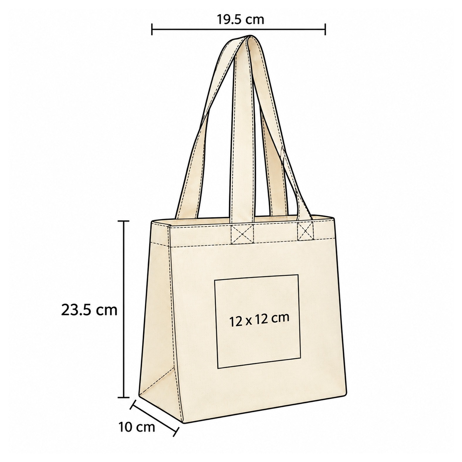 Plantilla con medidas y área de impresión de Mini Bolsa Dabba