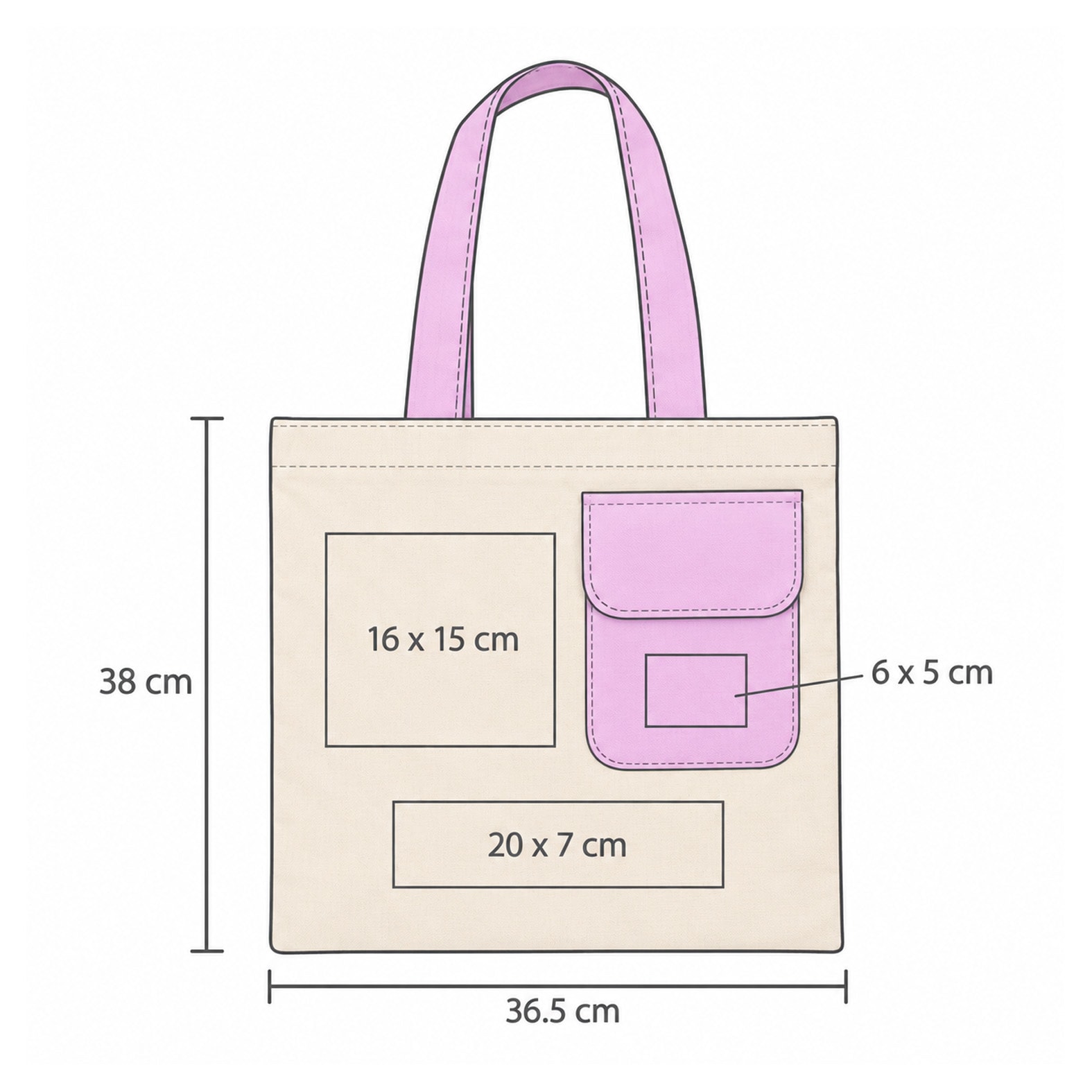 Plantilla con medidas y área de impresión de Bolsa Bagu