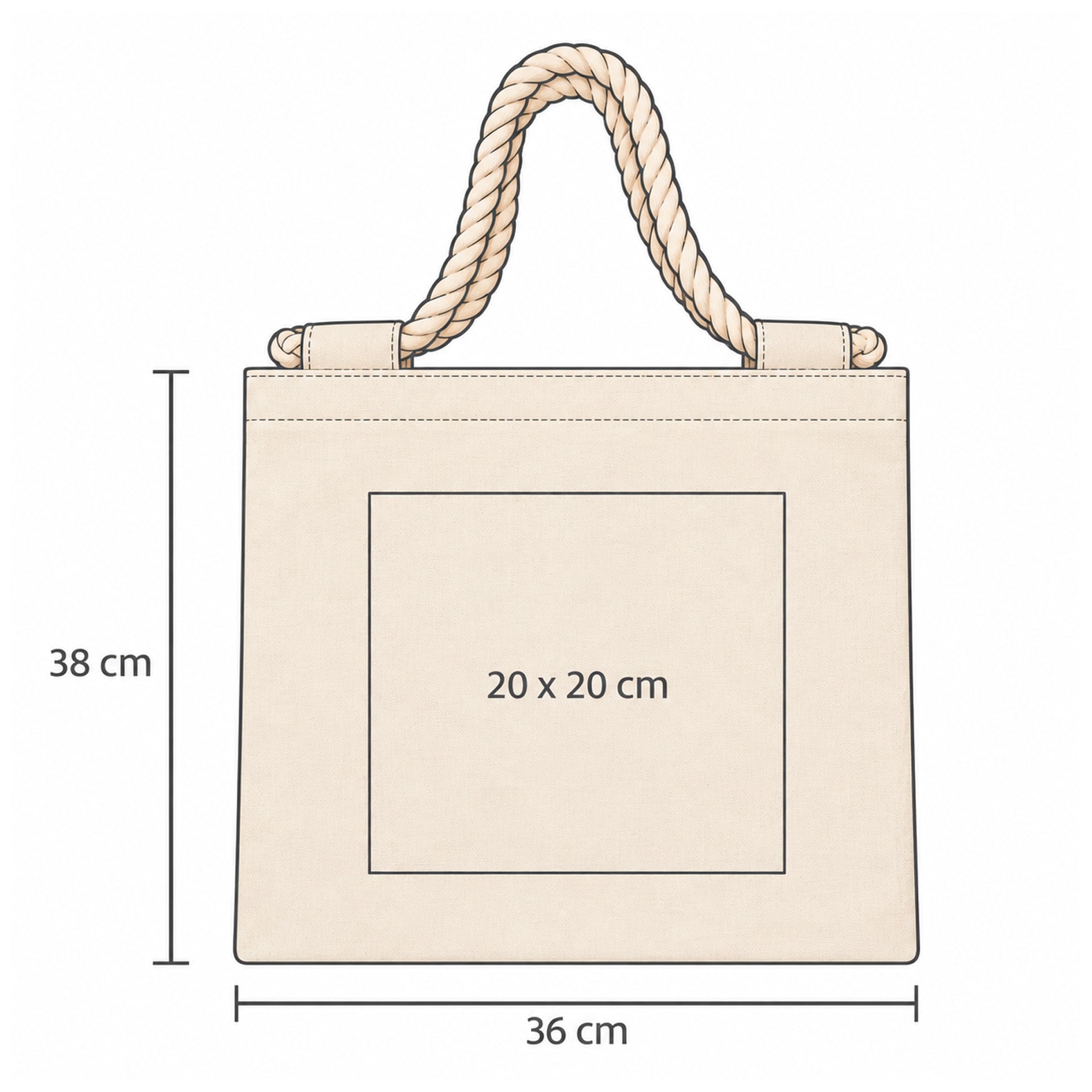 Plantilla con medidas y área de impresión de Bolsa Tino