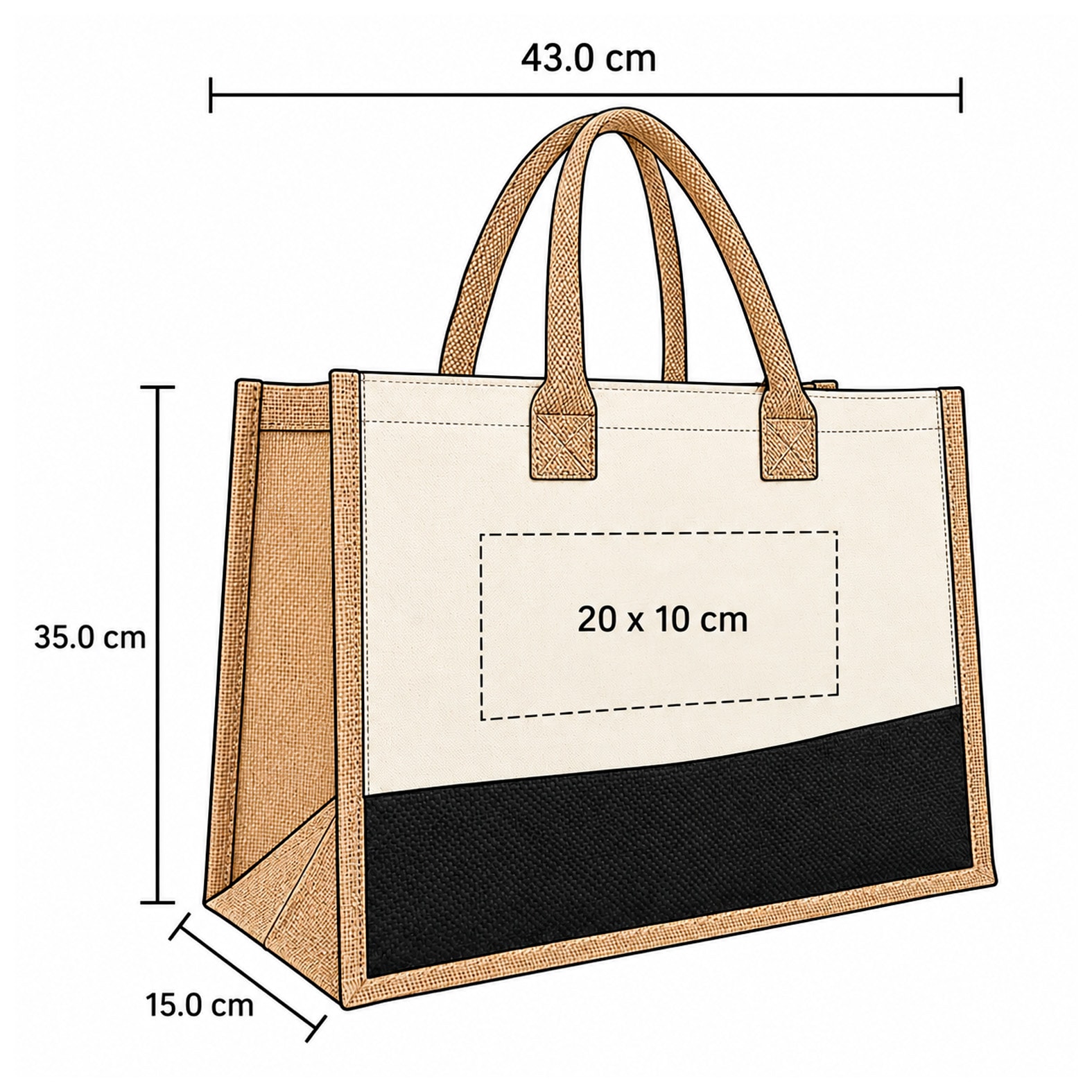 Plantilla con medidas y área de impresión de Bolsa de Loneta Kar