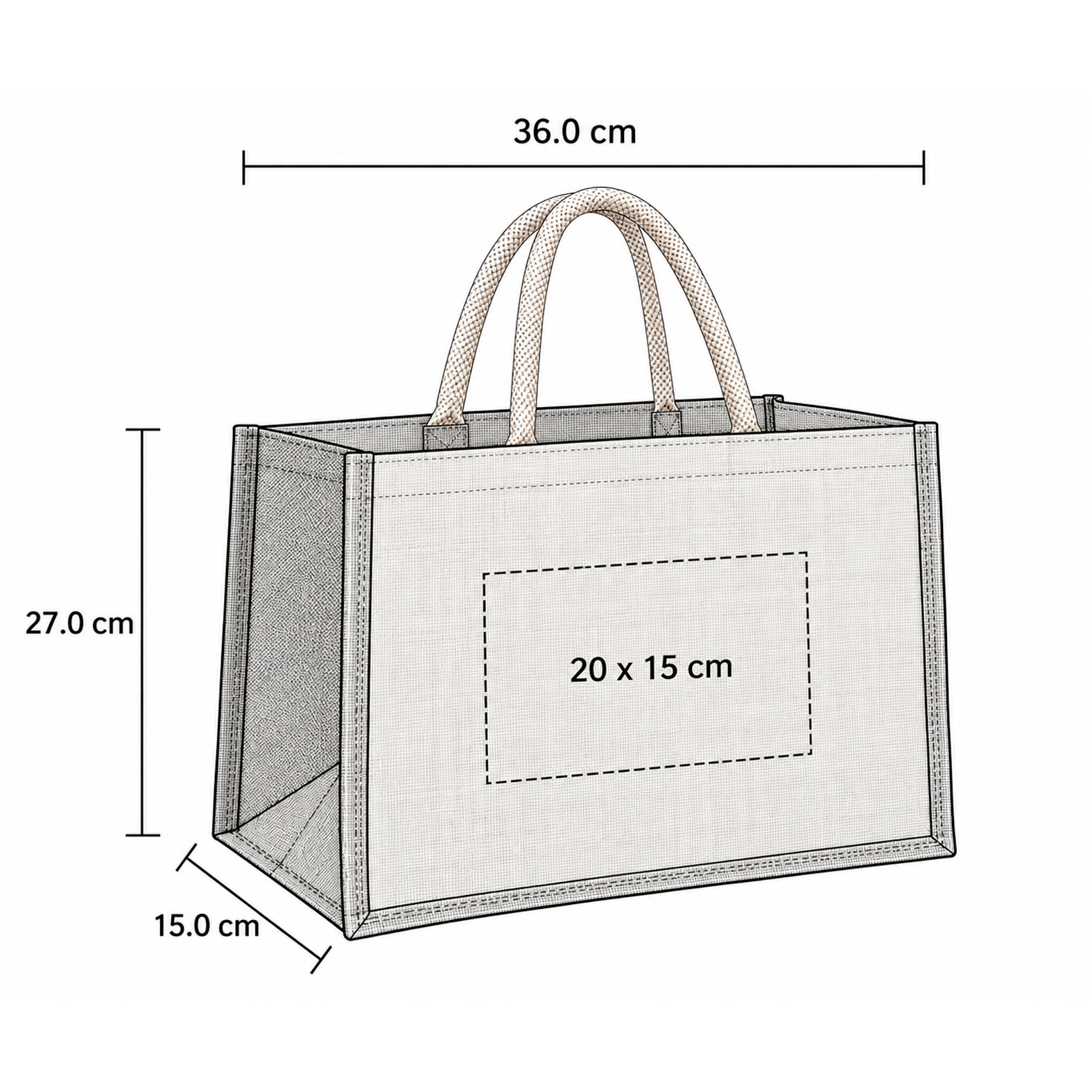 Plantilla con medidas y área de impresión de Bolsa Ran