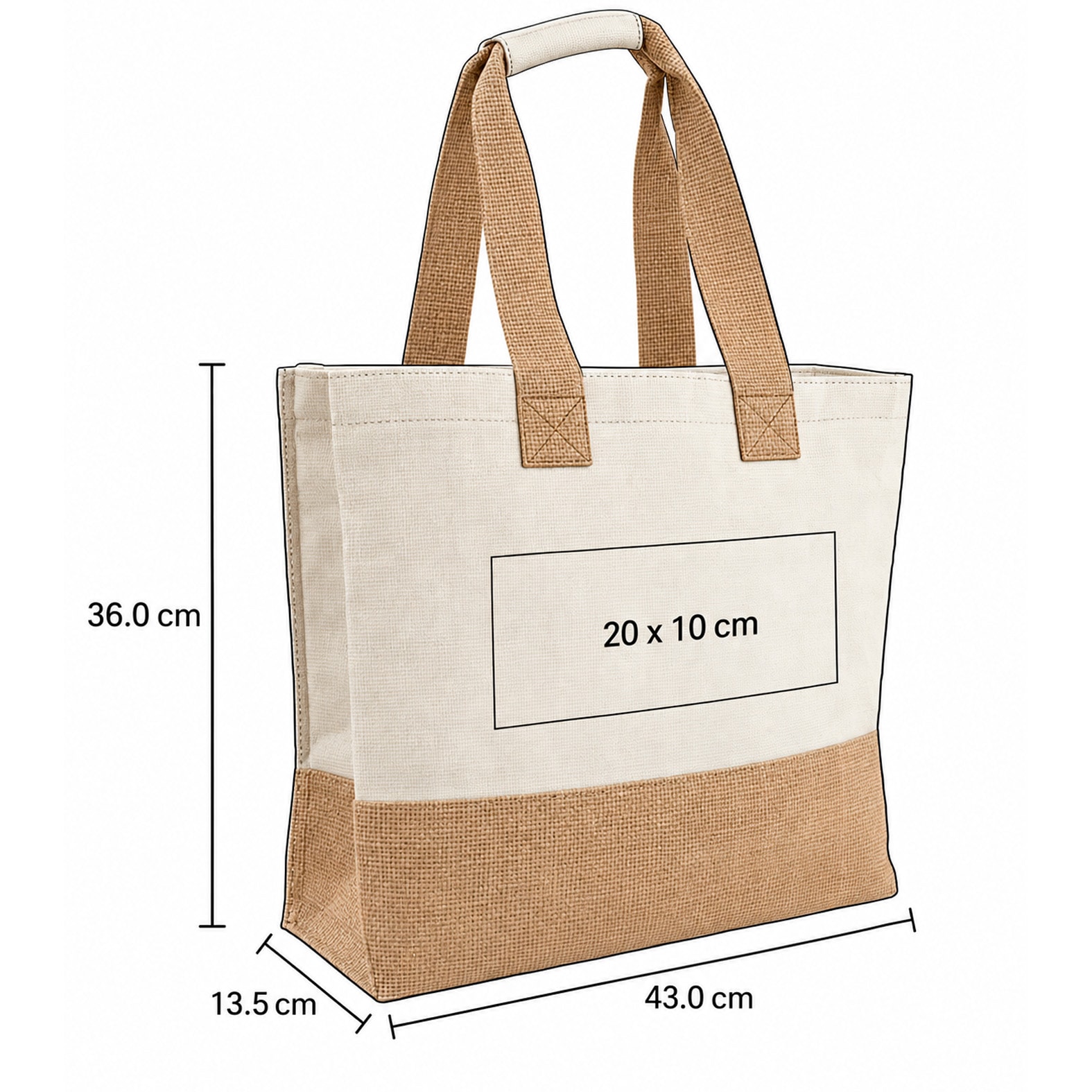 Plantilla con medidas y área de impresión de Bolsa Jaisa