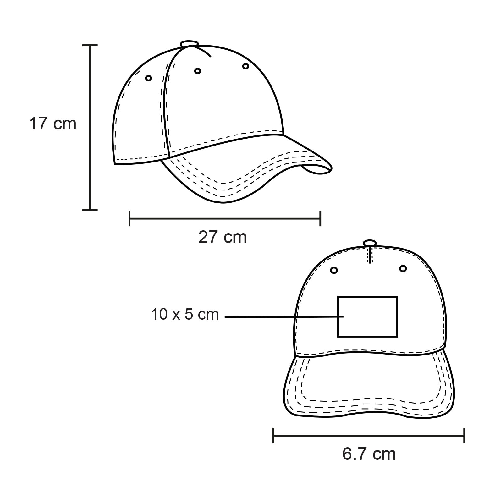 Plantilla con medidas y área de impresión de Gorra de Acrílico Dipper