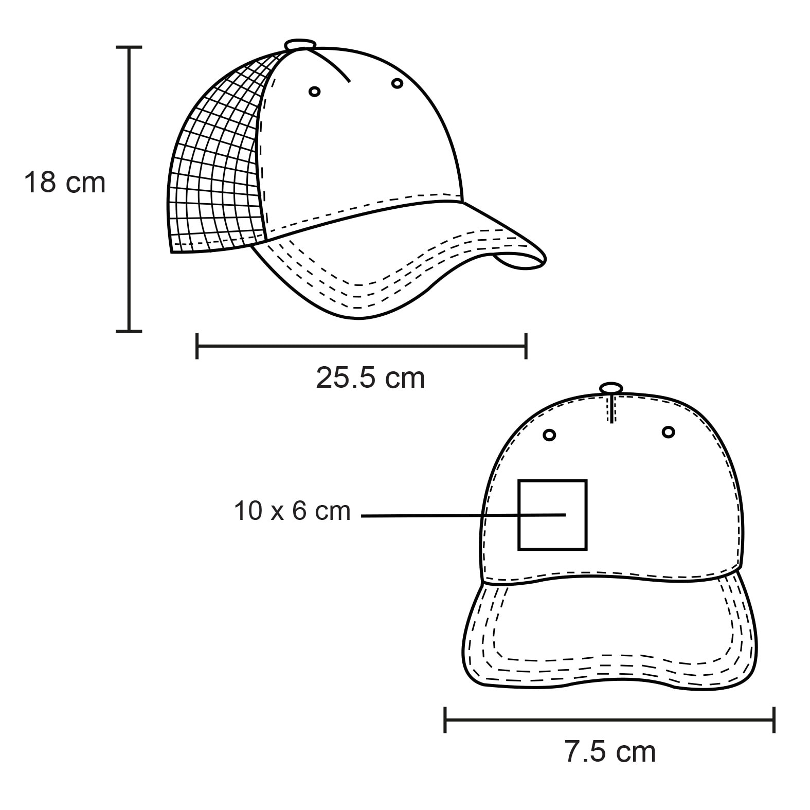 Plantilla con medidas y área de impresión de Gorra Turner