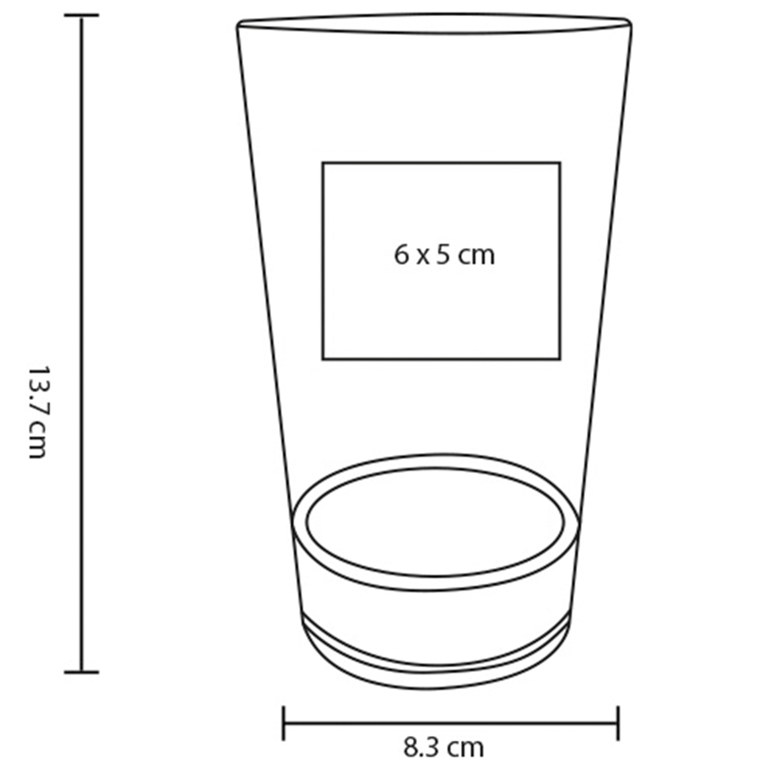 Plantilla con medidas y área de impresión de Vaso Daz
