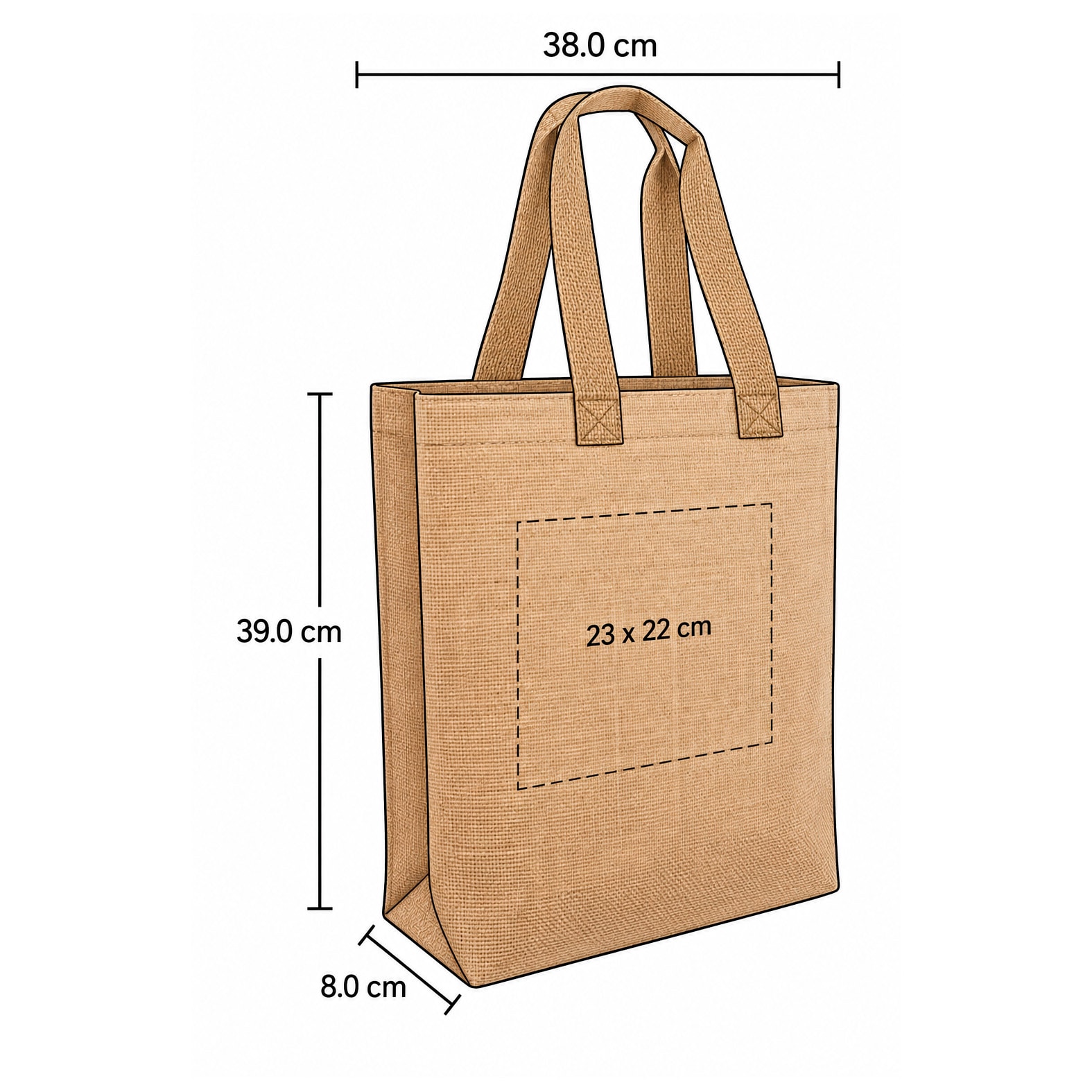 Plantilla con medidas y área de impresión de Bolsa Handi