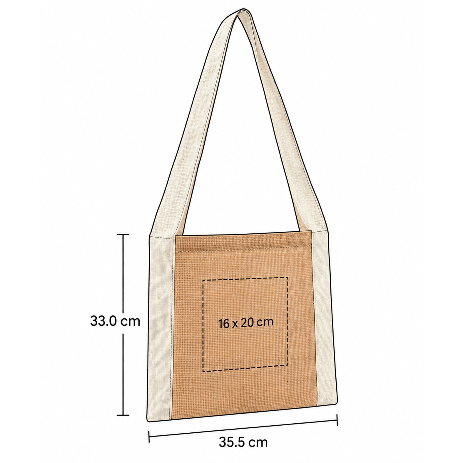 Plantilla con medidas y área de impresión de Bolsa Rishi