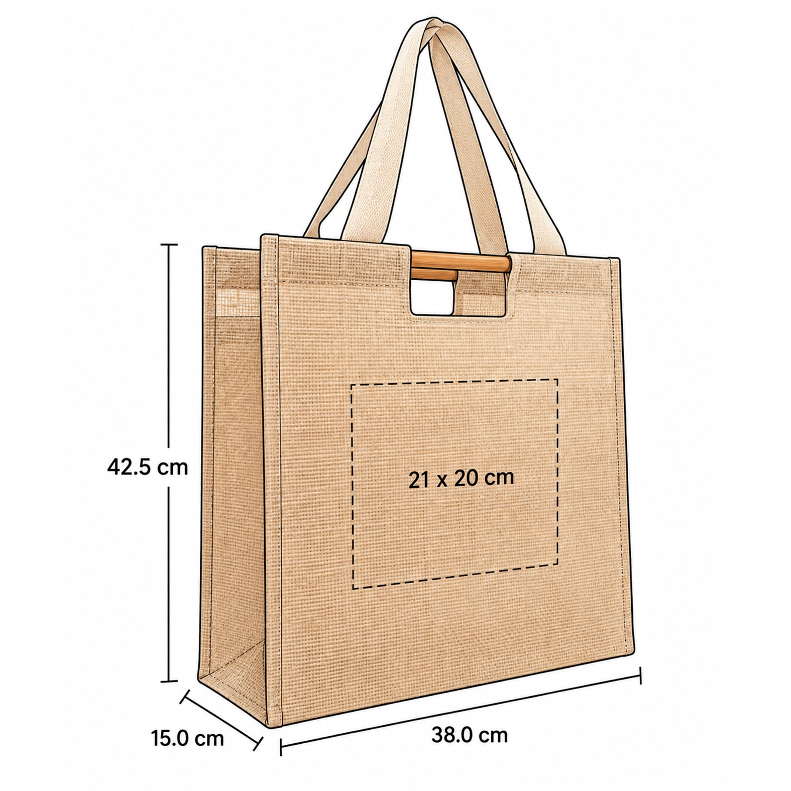 Plantilla con medidas y área de impresión de Bolsa Taj